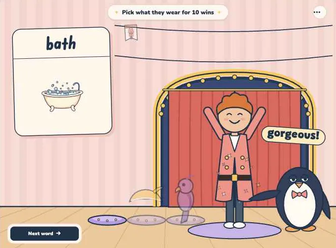 Dress the Guests: a guest on stage in a new outfit next to a word card