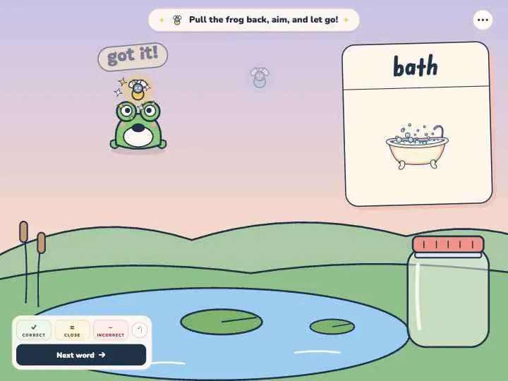 Firefly Pond: a word card for “bath” beside a frog on a lily pond